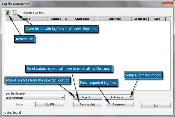 Log2Stats log files managing window