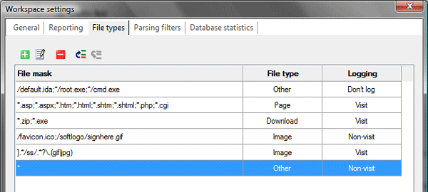 Log2Stats workspace settings - File types