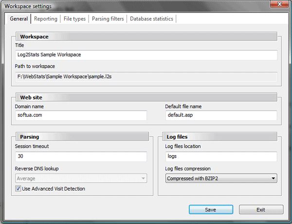 Log2Stats workspace settings - General settings