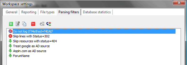 Log2Stats workspace settings - Parsing filters